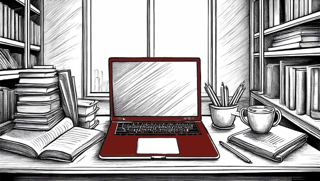 article fiscalité et impôts en autoédition : bureau d’auteur chaleureux, ordinateur portable ouvert, carnet de notes, livre manuscrit, tasse de café, quelques documents administratifs organisés, lumière douce, ambiance calme et rassurante, style réaliste, couleurs neutres et chaleureuses