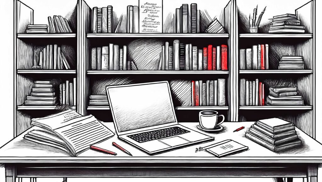 Bureau d'auteur avec manuscrit, ordinateur portable et bibliothèque, illustration des règles typographiques et de la préparation d'un livre avant publication.