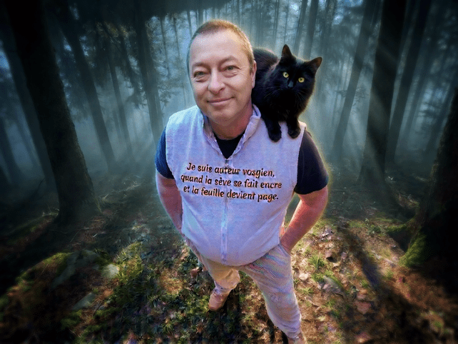 Photo de Jérôme Bonnet en pleine forêt, un chat noir sur son épaule gauche