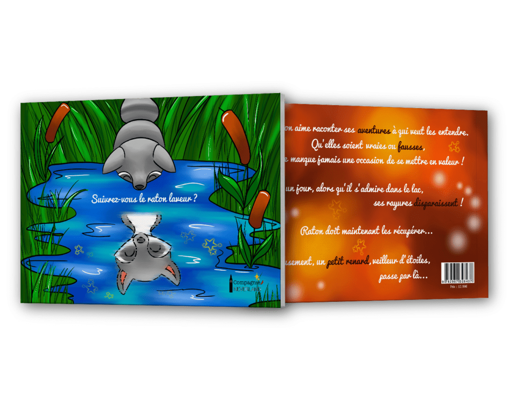 Mock Up représentant la couverture du livre pour enfants Suivrez-vous le Raton laveur ? de Selya