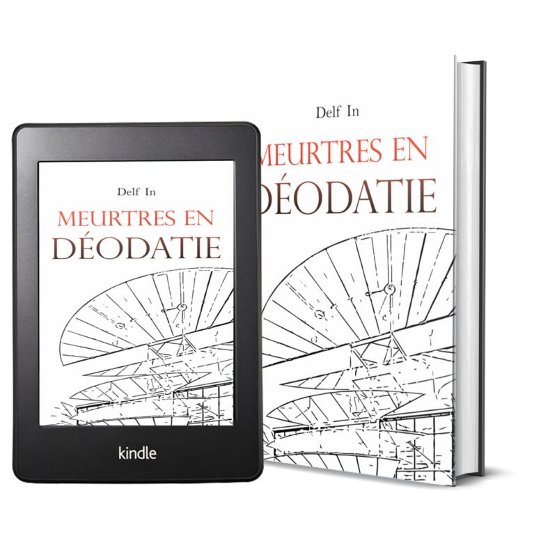 Mock up livre Meurtres en Déodatie de Delf In. Représente la version papier et une tablette avec la version ebook