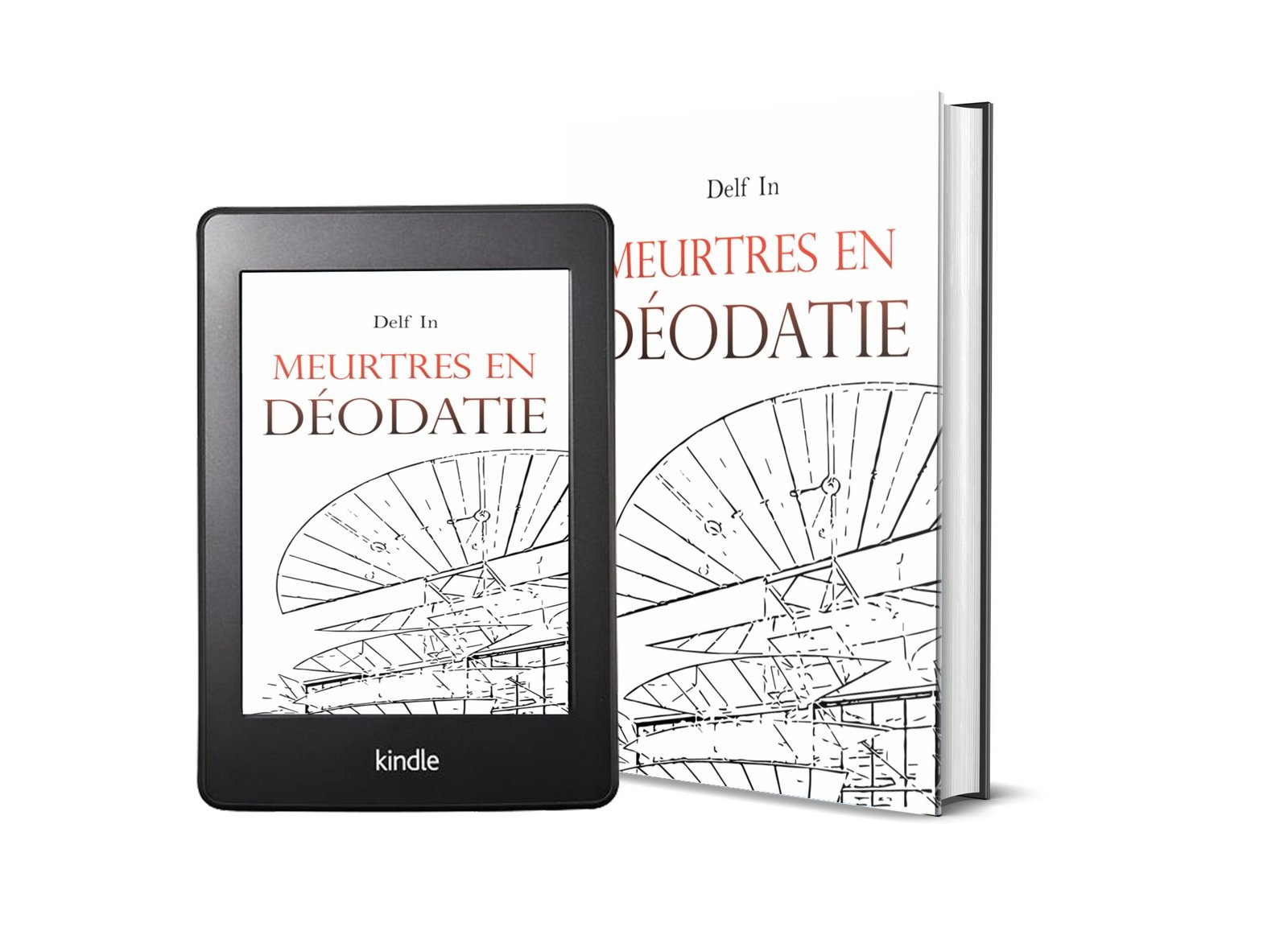 Mock up livre Meurtres en Déodatie de Delf In. Représente la version papier et une tablette avec la version ebook