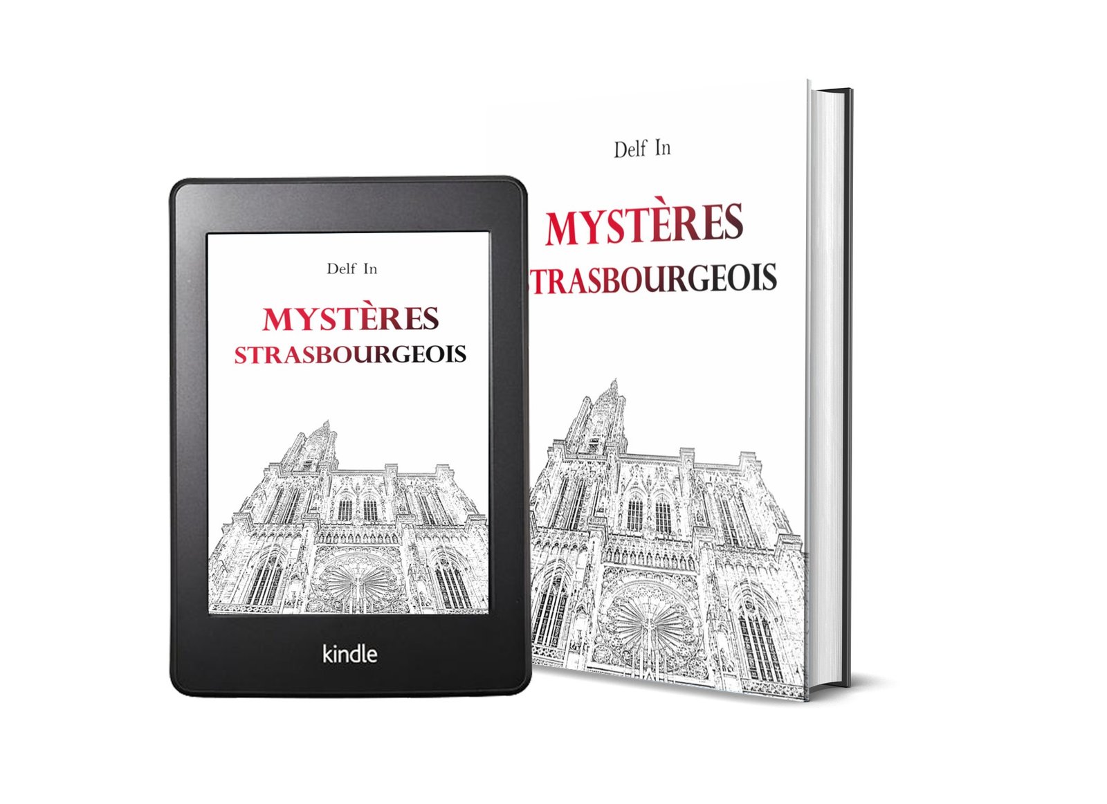 Mock up fiche produit livre Mystères Strasbourgeois représentant le livre papier et une tablette avec l'ebook