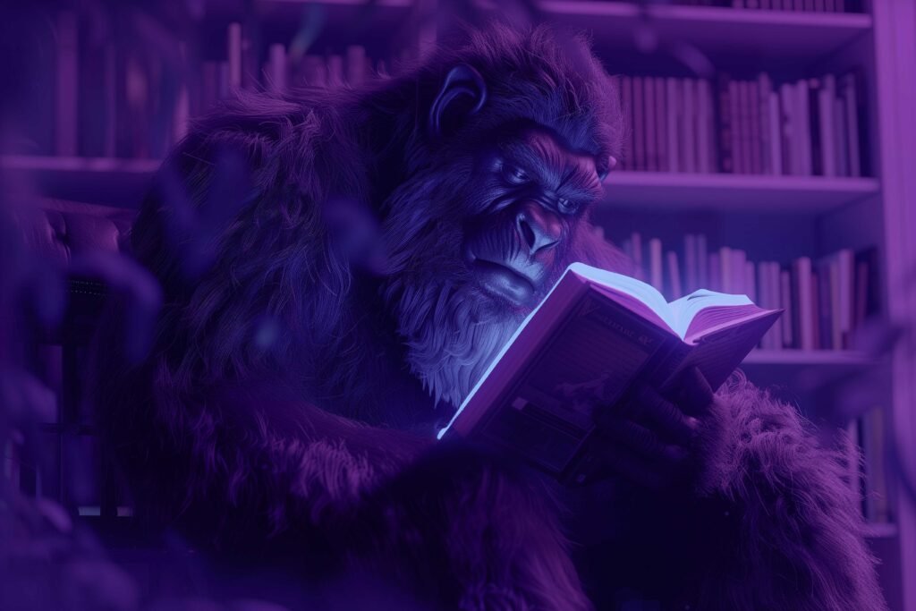 Page accueil de la librairie 100 % en ligne Au Repaire de l'Imaginaire. Représente un yéti en train de lire au milieu d'étagère. Couleur principale : violet