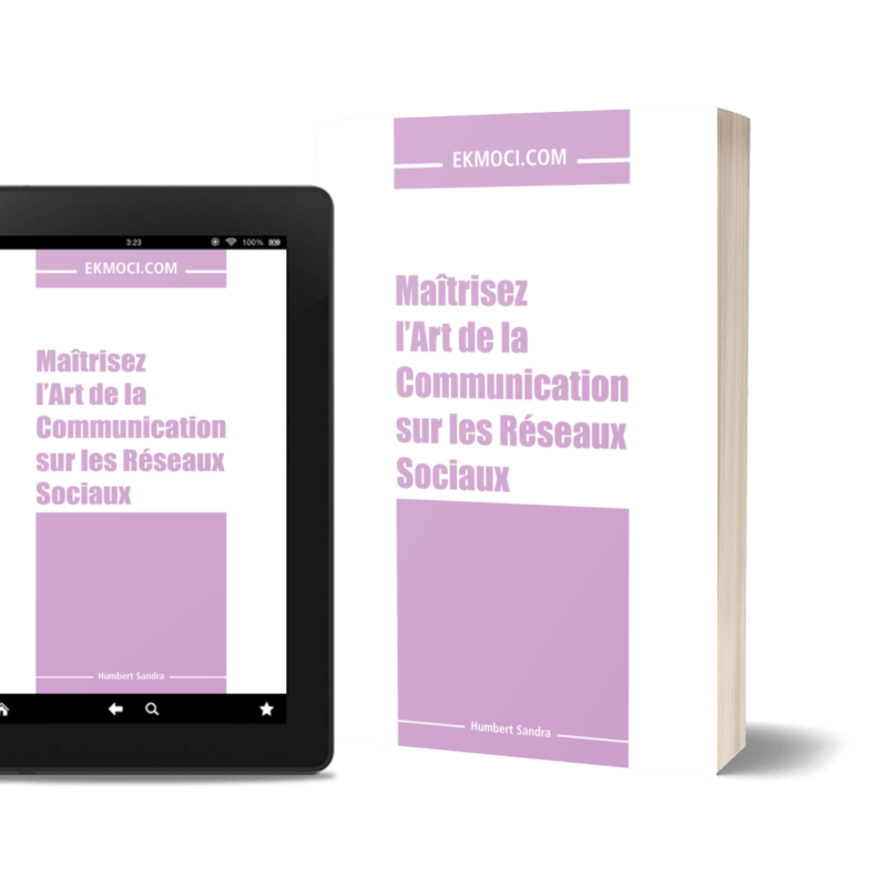 Image du guide Maitriser l'art des réseaux sociaux de Ekmoci reprenant le livre papier et une tablette avec la 1ère de couverture