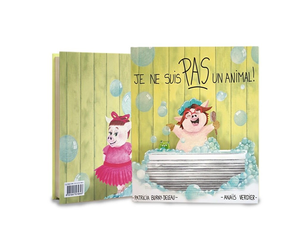 Mock Up du livre jeunesse Je ne suis PAS un animal de Patricia Burny, représentant la 1ère et la 4ème de couverture