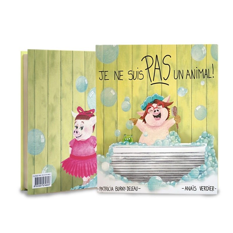 Mock Up du livre jeunesse Je ne suis PAS un animal de Patricia Burny, représentant la 1ère et la 4ème de couverture