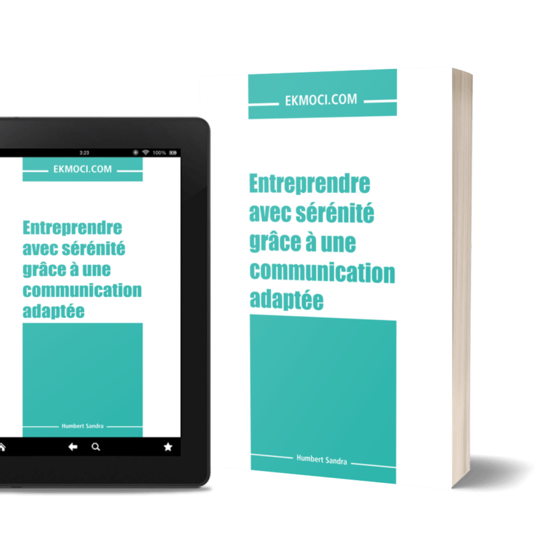 Mock représentant le livre Entreprendre avec sérénité grâce à une communication adaptée de Ekmoci en version papier et ebook
