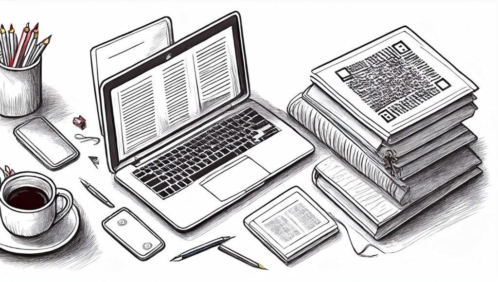Illustration en noir et blanc style dessin au trait représentant un espace de travail ordonné avec un ordinateur portable ouvert, une pile de livres surmontée d'un grand QR code, une tasse de café, un smartphone et des crayons.