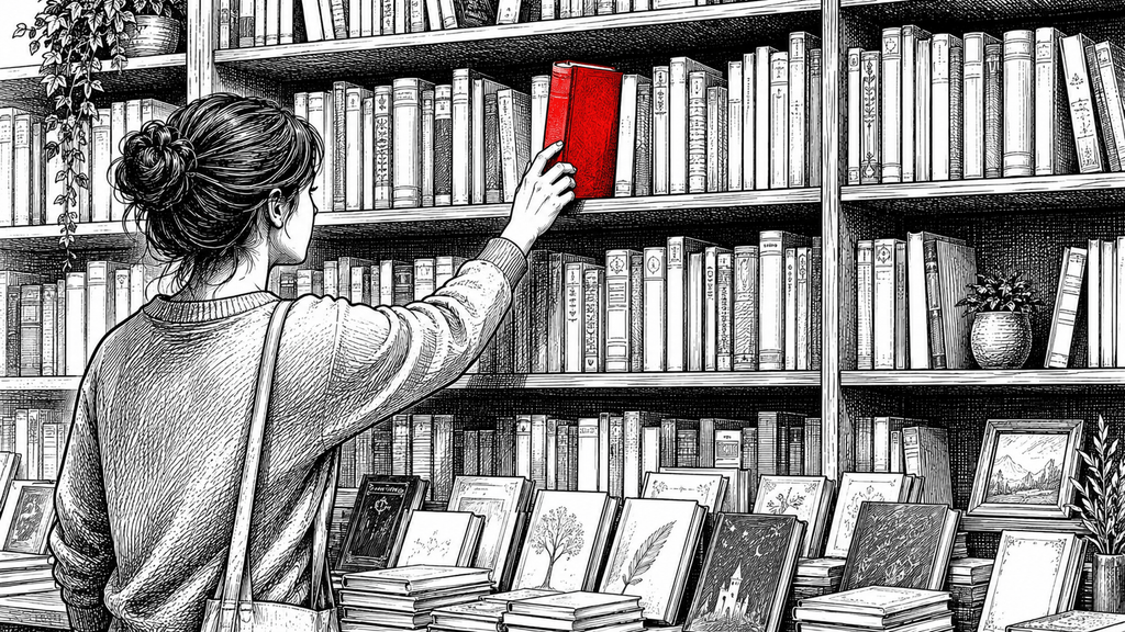 Lectrice découvrant un livre rouge parmi les rayonnages d’une bibliothèque - image illustrant l'article de blog "Pourquoi lire des auteurs indépendants ? Osez sortir des sentiers battus" de la librairie Au Repaire de l'Imaginaire